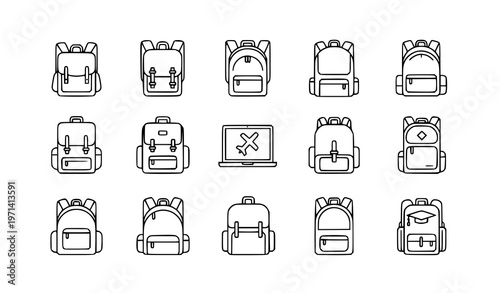 Schoolbag Thin Line Icon Set Modern School Backpack Outline Vector Collection for Education and Student Design