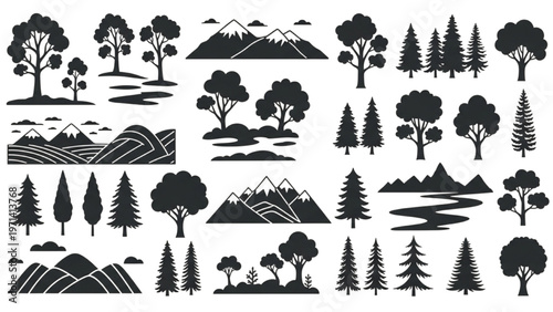 Vector CAD design of various trees and mountains in landscape