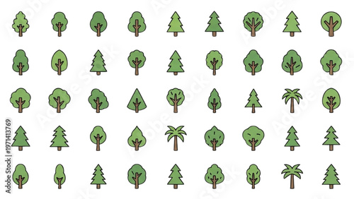 Vector CAD design of various trees in a digital landscape illustration