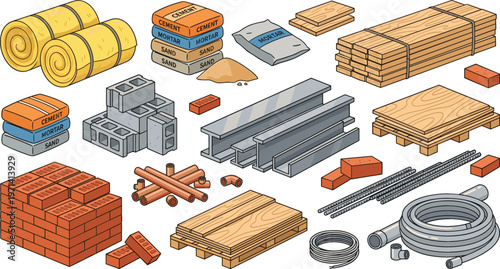Isometric Construction Materials Vector Set Featuring Bricks Wood Planks Steel Beams Concrete Blocks Cement Bags Pipes and Insulation for Building Industry