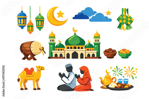 Ramadan kareem illustration set with mosque, lanterns, and traditional food