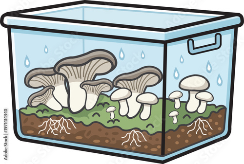 Fruiting Chamber Box With Growing Mushrooms in Terrarium for Home Cultivation and Mycology