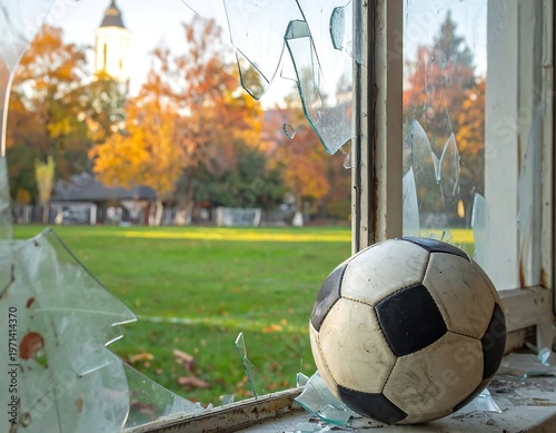 A soccer ball on a broken window sill overlooking a park