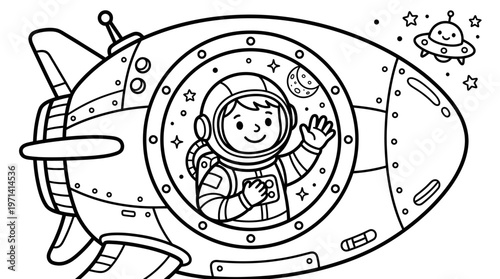 Astronaut in spaceship waving hand.