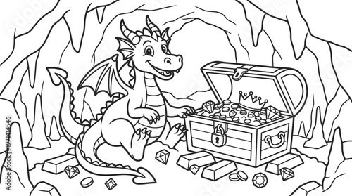 Smiling dragon sitting by treasure chest.