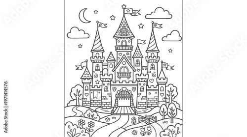 Fantasy Castle with Towers and Flags.