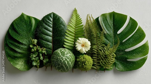 Lush Green Leaves and Plants Displayed on a Neutral Background
