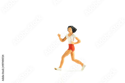 Miniature Female Runner Jogging On White Background With Reflection, Fitness Toy Model Action Figure