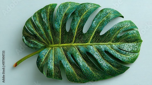Close-Up of Monstera Leaf with Water Drops on Light Background