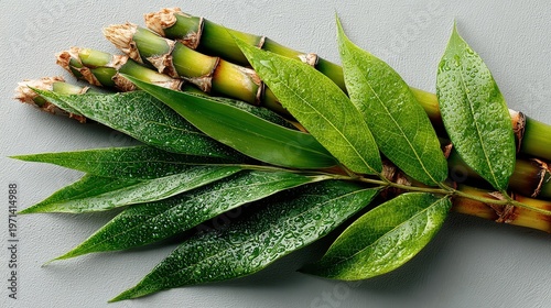 Fresh Green Bamboo Stems with Leaves and Water Droplets on Surface