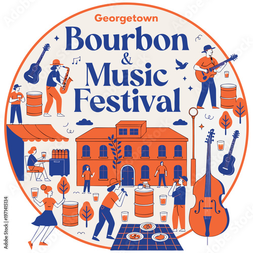 Georgetown Bourbon and Music Festival Illustration Featuring Jazz Musicians, Kentucky Bourbon Barrels, and People Enjoying Live Entertainment in a Vibrant Flat Vector Art Style