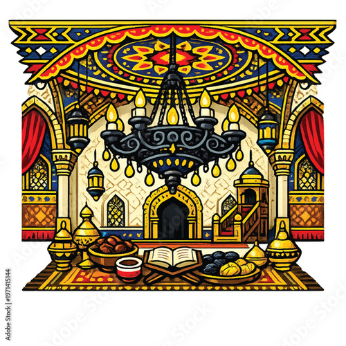 Vibrant illustration of a lavishly decorated room with a chandelier and food