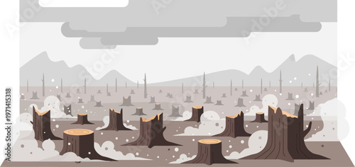 Deforested area with tree stumps and forest in background under cloudy sky landscape scene