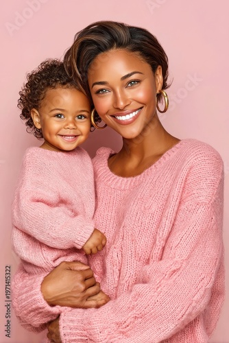 Mother and toddler smiling together in matching pink sweaters, warm family portrait and bond