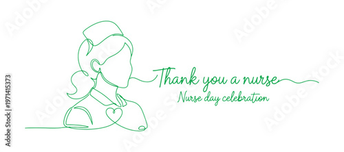 Thank you, nurse! A continuous line drawing featuring handwritten text and a quote. Celebrating Nurse Day with a simple vector web banner and a heart background.
