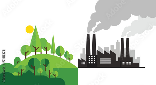 Contrast between a clean green environment and a polluting industrial factory