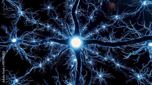 A glowing blue neural network with branching fibers on a dark background