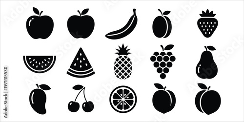Collection of fruit silhouette icons featuring apple banana strawberry watermelon pineapple grapes mango and cherry set