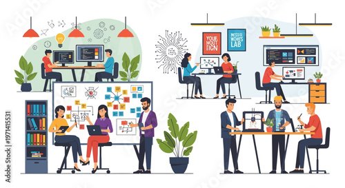 Teamwork Collaboration in Modern Office: Coding, Brainstorming, and Innovation