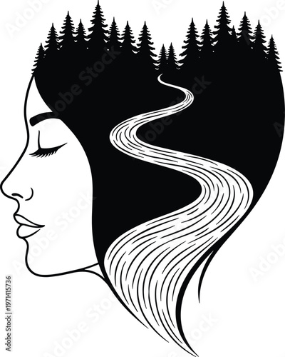Surreal double exposure silhouette of woman face with forest trees and winding river road in hair, nature and mind concept,