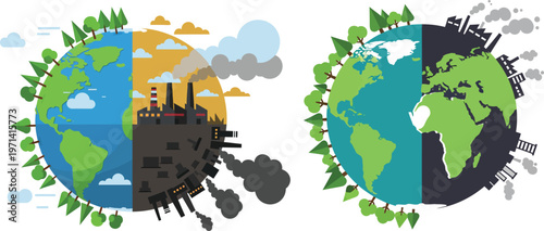 Split earth illustration comparing pollution and eco friendly environments side by side