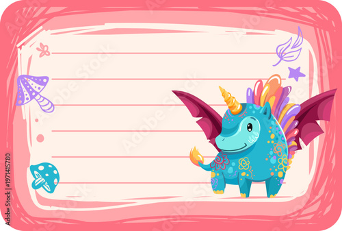 Note sticker, memo label with Cute Cartoon Dragon Unicorn with Wings