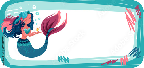 Note sticker, memo label with Mermaid Holding a Fish