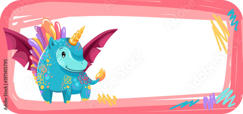 Note sticker, memo label with Cute Cartoon Dragon Unicorn with Wings
