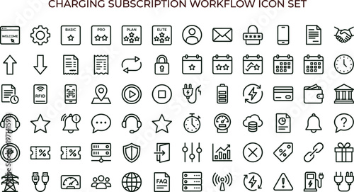 Electric vehicle charging subscription workflow outline icon set featuring payment plans connectivity dashboard access management interface symbols