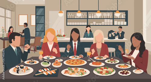 Schilderij op canvas A well-dressed businessman enjoys a meal of sushi at a table, exuding a sense of sophistication and refinement