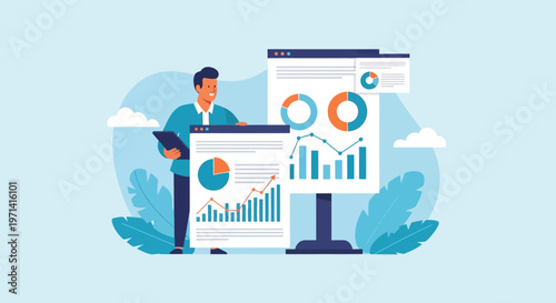 Business Analyst Presenting Financial Data and Charts on Screens