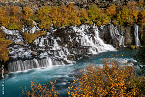 Hraunfoss waterfall Iceland long exposure autumn colors close up