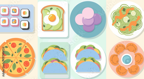 A vibrant illustration of a pizza with fresh tomatoes and basil leaves, evoking a sense of appetizing and casual dining.