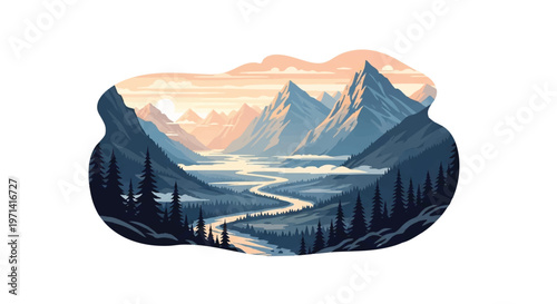 Vector illustration of a winding river flowing through a mountainous landscape with trees against a sunset background.