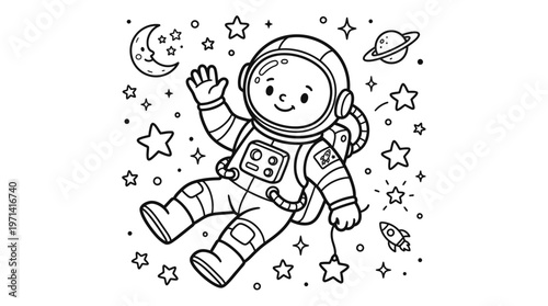 Smiling astronaut in space suit floating.