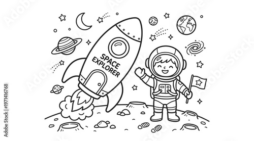 Astronaut standing next to rocket ship.