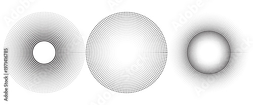 Black concentric circle set. Sonar or sound wave ring collection. Dotted and linear epicentre, target, radar icon concept. Ripple radial signal or vibration elements. Vector line and halftone symbols