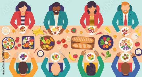 Illustration of a person eating a meal with various colorful dishes.