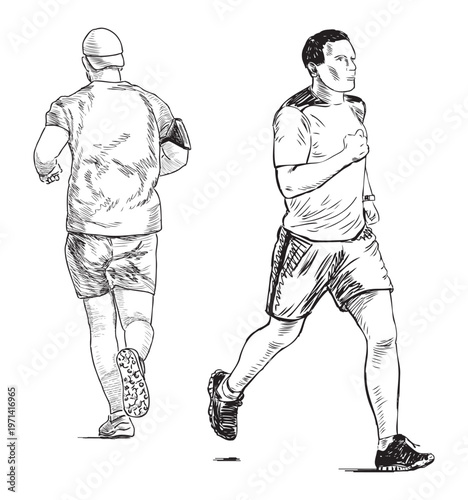 Two athletes sportsmen jogging on wellness run, realistic sketch, vector hand drawing