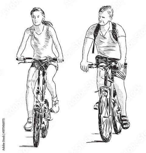 Couple young cyclists riding bicycles on summer day, active sports citisens, realistic sketch, vector hand drawing isolated on white background