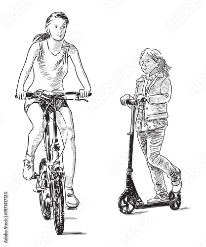 Young woman cyclist riding bicycle, little girl on scooter on summer day, realistic sketches, vector hand drawing isolated on white background