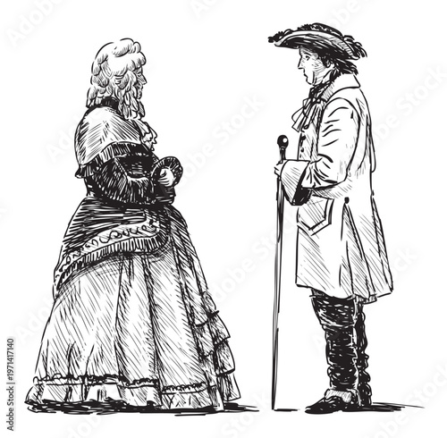 Couple noble people in historical theatrical costumes of 18th century, profile, realistic sketch, vector hand drawing isolated on white background