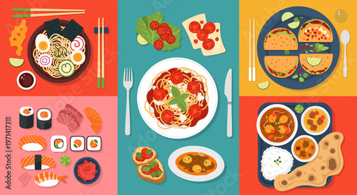 A colorful illustration of various sushi pieces on a pink background, perfect for food blogs or restaurant promotions.