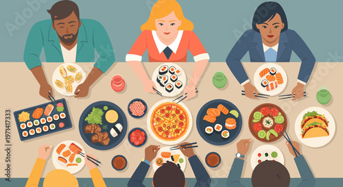 A cartoon hand reaching for sushi on a plate with a platter of assorted sushi rolls and sashimi in the background.