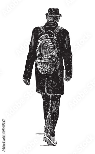One man silhouette in hat, coat with backpack walking outdoors, back view, realistic sketch, vector hand drawing isolated on white background