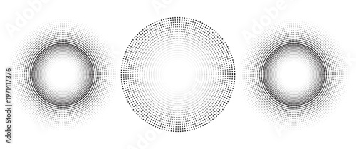 Black concentric circle set. Sonar or sound wave ring collection. Dotted and linear epicentre, target, radar icon concept. Ripple radial signal or vibration elements. Vector line and halftone symbols