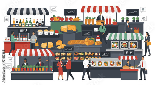 A lively market scene featuring a vendor surrounded by potted plants, conveying a sense of growth and commerce.