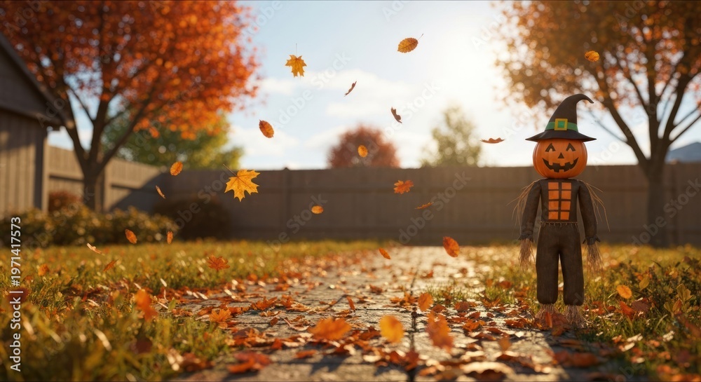 Naklejka premium Autumnal Halloween figure in a backyard. Falling leaves, sunny day