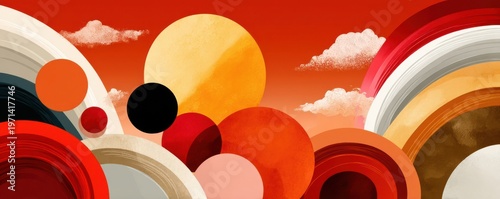 Abstract orange gradient background with retro circles and textured sun for modern design compositions