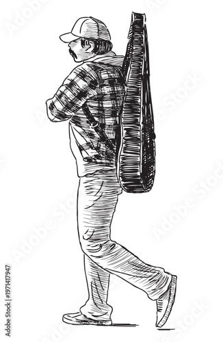 One man musician with guitar walking outdoors, side view, realistic sketch, hand drawn vector illustration